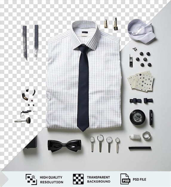Fundo transparente com isolado kit de truques de magia profissional com uma camisa branca gravata preta prata e relógio preto e pequena chave de prata em um fundo transparente