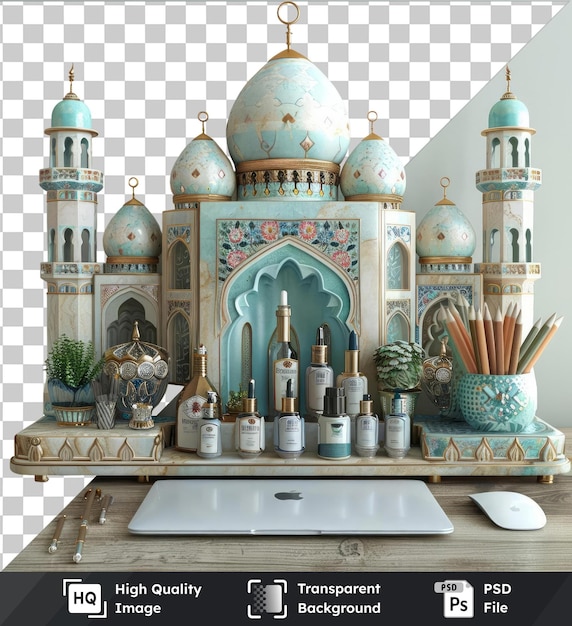 PSD fundo transparente com isolado organizador de mesa com tema islâmico para ramadã com um vaso azul rato branco e cacto verde contra uma parede branca