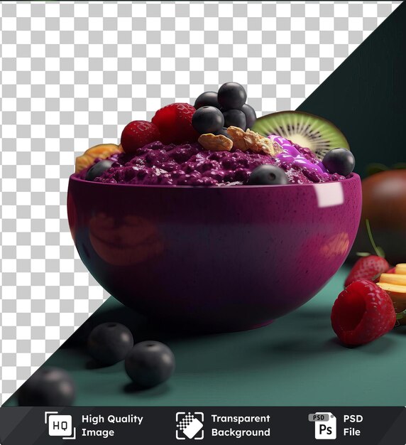 PSD fundo transparente com isolado refrescante tigela de açaí de frutas e iogurte em uma mesa verde