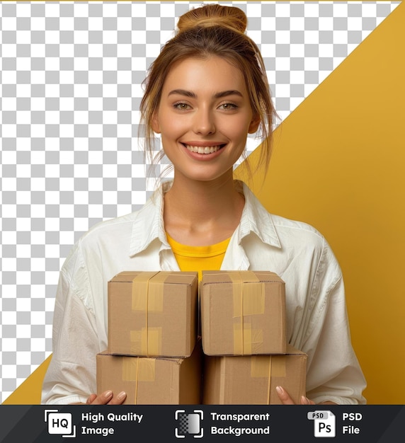 PSD fundo transparente com isolado sorridente mulher de negócios está segurando um monte de grandes caixas de papelão