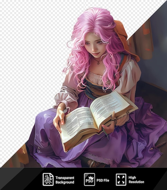 PSD fundo transparente com isolado uma menina com cabelo rosa lendo um livro perto da janela png