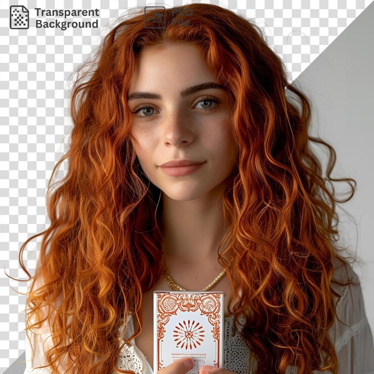 PSD fundo transparente com isolado uma mulher de cabelo vermelho vestindo uma camisa branca e colar de ouro mostrando seus olhos azuis e castanhos impressionantes nariz pequeno e sobrancelha castanha