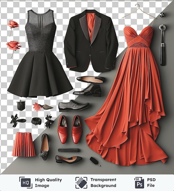 PSD fundo transparente com isolados sapatos de dança de salão de baile e conjunto de roupas com um vestido preto sapato preto vestido vermelho e laranja terno preto e cinza e uma flor vermelha e larenja