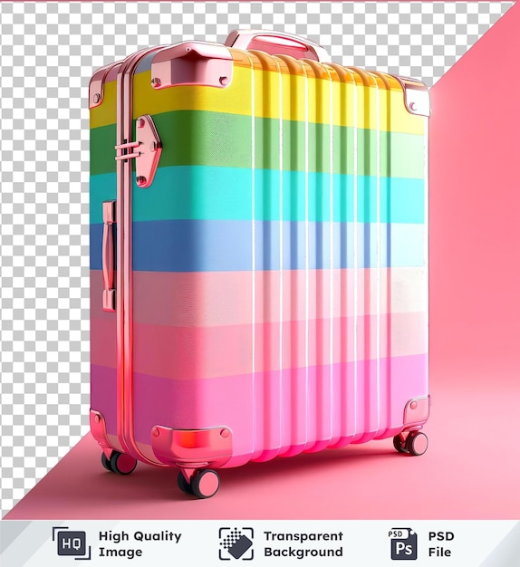 PSD fundo transparente com maquete de mala de viagem isolada com bandeira lgbt em fundo rosa