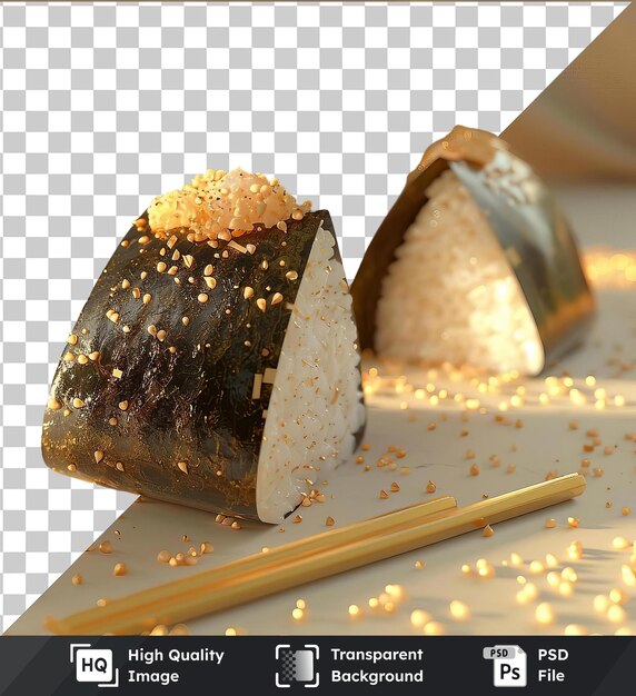 PSD fundo transparente com onigiri yaki isolado e pauzinhos