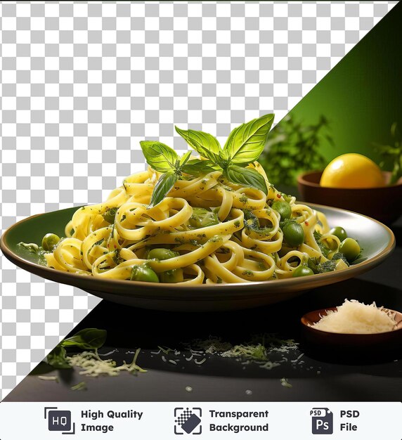 PSD fundo transparente com pasta de pesto salgado isolado e limão em uma mesa preta acompanhado por uma tigela marrom e uma planta verde contra uma parede verde