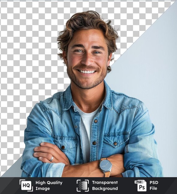 Fundo transparente com retrato isolado de jovem caucasiano sorridente com braços cruzados vestindo relógio inteligente e camisa de jeans casual isolado em fundo isolado