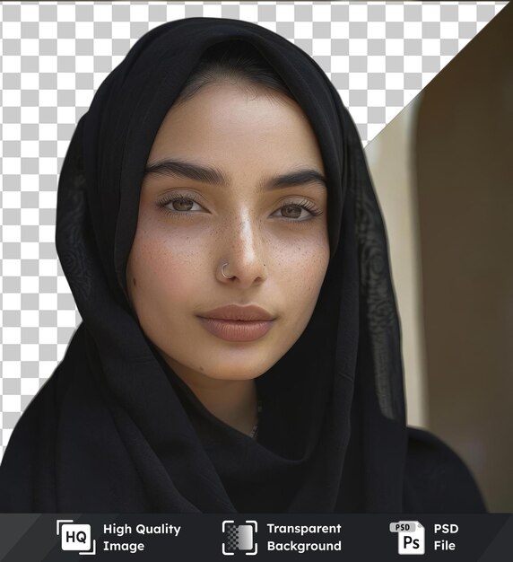 PSD fundo transparente com retrato isolado de jovem serena com hijab preto e anel no nariz com olhos castanhos sobrancelhas e lábios cor-de-rosa