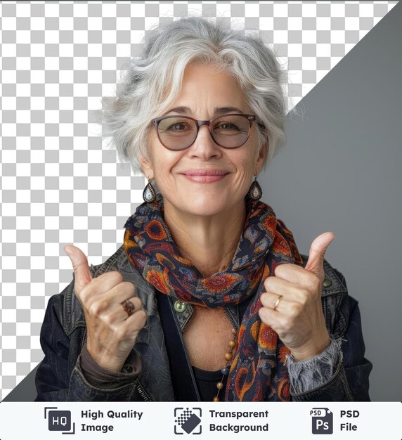 PSD fundo transparente com retrato isolado de uma mulher madura fazendo um gesto de vencedor