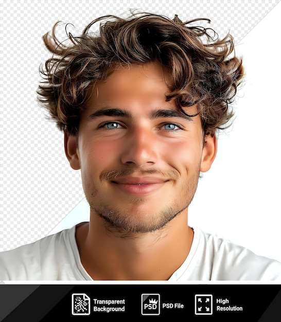 PSD fundo transparente com retrato isolado maquete de um jovem bonito e sorridente com cabelo castanho azul e olhos castanhos um nariz grande e sobrancelhas escuras ele usa uma camisa branca e tem um