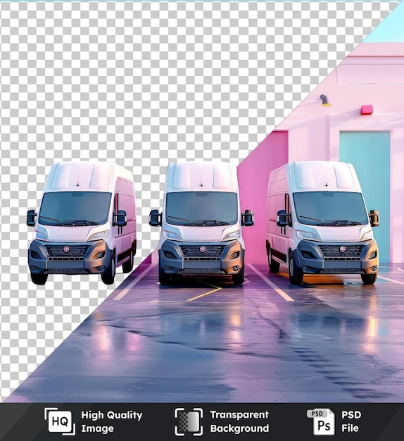 PSD fundo transparente com três vans de entrega brancas isoladas mockup em um chão brilhante com portas cor-de-rosa e uma parede rosa com uma linha amarela em primeiro plano