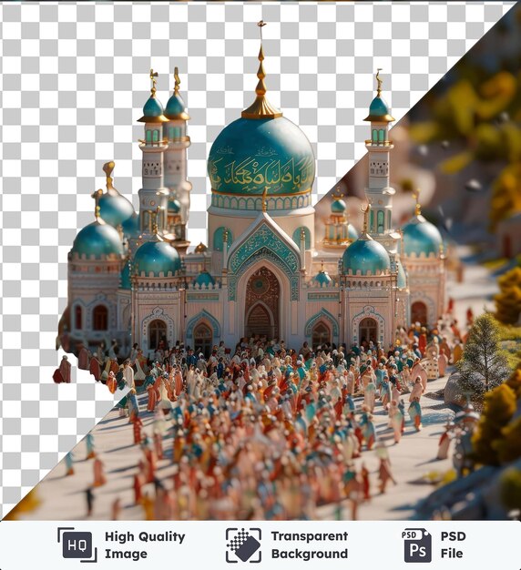 PSD fundo transparente com um desfile isolado do eid al-fitr com um edifício azul e uma cúpula verde e azul