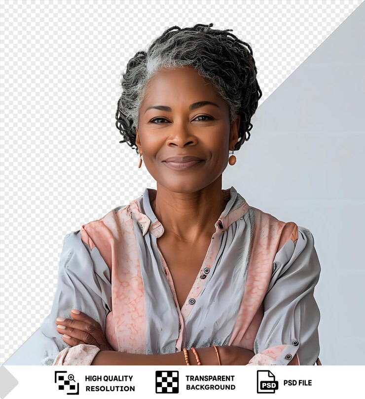 PSD fundo transparente com uma mulher afro-americana de meia-idade isolada sorrindo felizmente e de pé com os braços cruzados