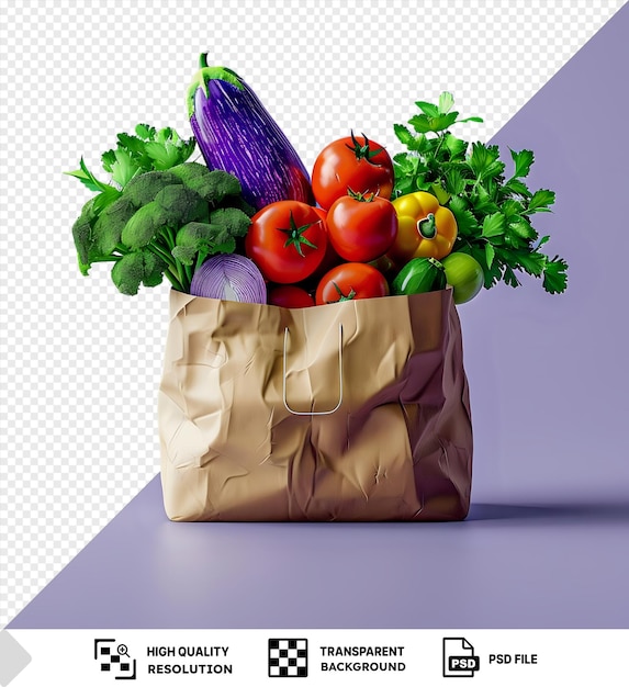 PSD fundo transparente com vegetais isolados em saco de papel reciclável, incluindo tomates vermelhos, brócolis verde e uma sombra escura png psd