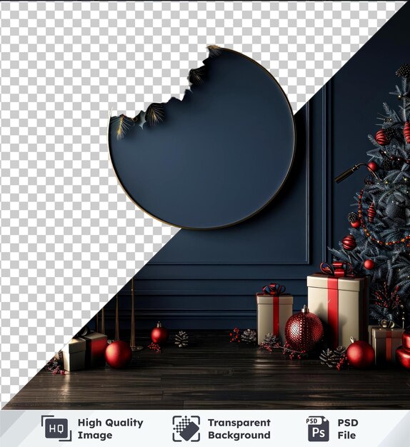 Fundo transparente com vertical isolado um cartão redondo com presentes e decorações de natal mockup