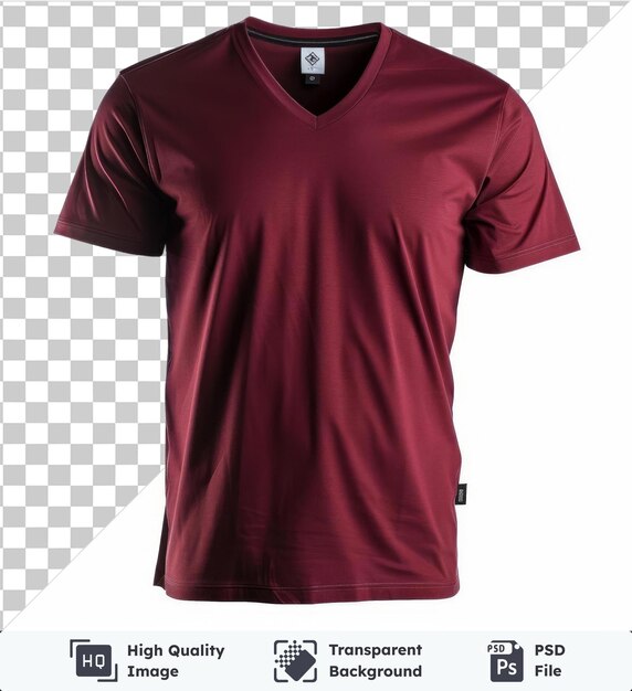 PSD fundo transparente com vista frontal isolada capturar uma camiseta premium borgoinha etiqueta de tecido de materiais técnicos