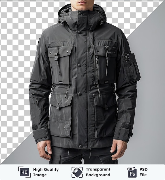 PSD fundo transparente com vista frontal isolada capturar uma jaqueta premium chumbo materiais técnicos tecido etiqueta nome de marca nome de marca