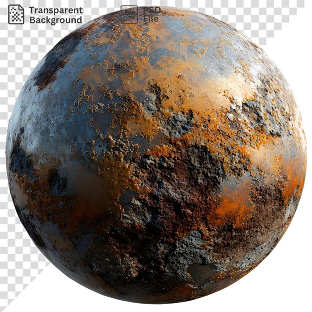 PSD fundo transparente de um planeta de metal enferrujado com um ovo grande à esquerda