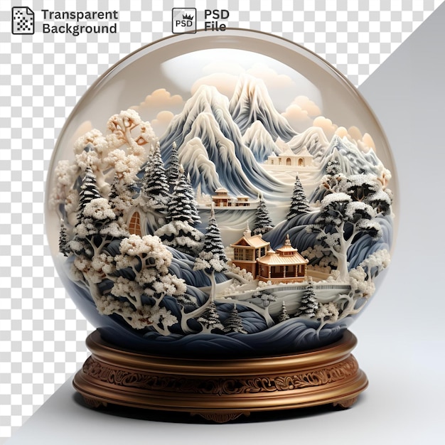 PSD fundo transparente de uma montanha coberta de neve e cidade em um globo de neve