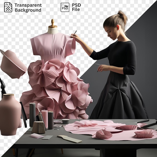 Fundo transparente designer de moda 3d esboçando um novo vestido em uma mesa cinza adornada com um vaso rosa enquanto uma mulher em um vestido preto e cabelo castanho olha para