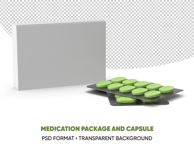PSD fundo transparente do pacote de medicamentos e comprimidos de cápsulas