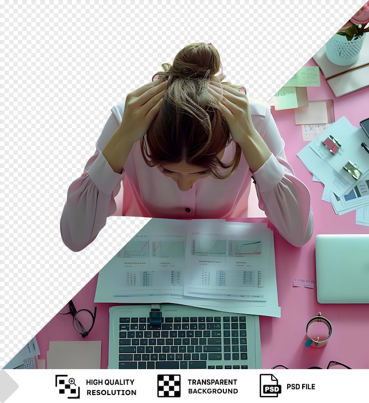 PSD fundo transparente empregado de escritório moderno sofrendo de estresse relacionado ao trabalho na mesa com teclado de laptop e vários suprimentos de escritório, incluindo óculos pretos papel branco e flor rosa png