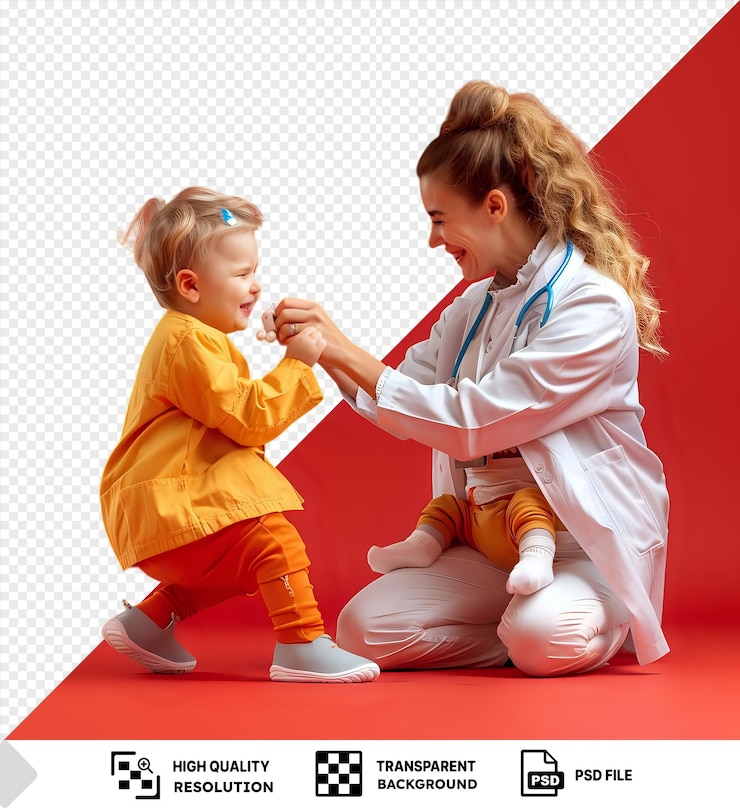 PSD fundo transparente experiente pediatra caucasiana mulher tomando temperatura do bebê menina