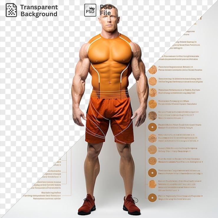 PSD fundo transparente fotográfico realista kinesiologistas gráfico muscular humano com um homem vestindo calções laranja e sapatos vermelhos e castanhos com um cartaz branco no fundo