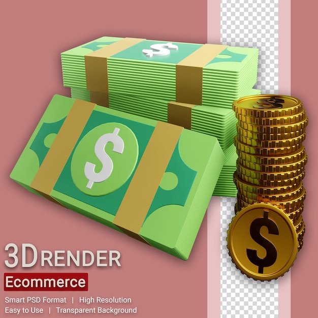 Fundo transparente isolado dólar da moeda do dinheiro da ilustração 3d