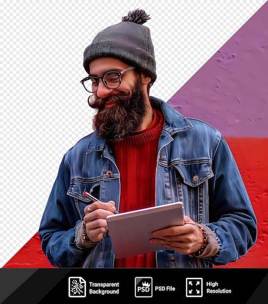 PSD fundo transparente jovem excitado com barba que esboça em um tablet digital png psd
