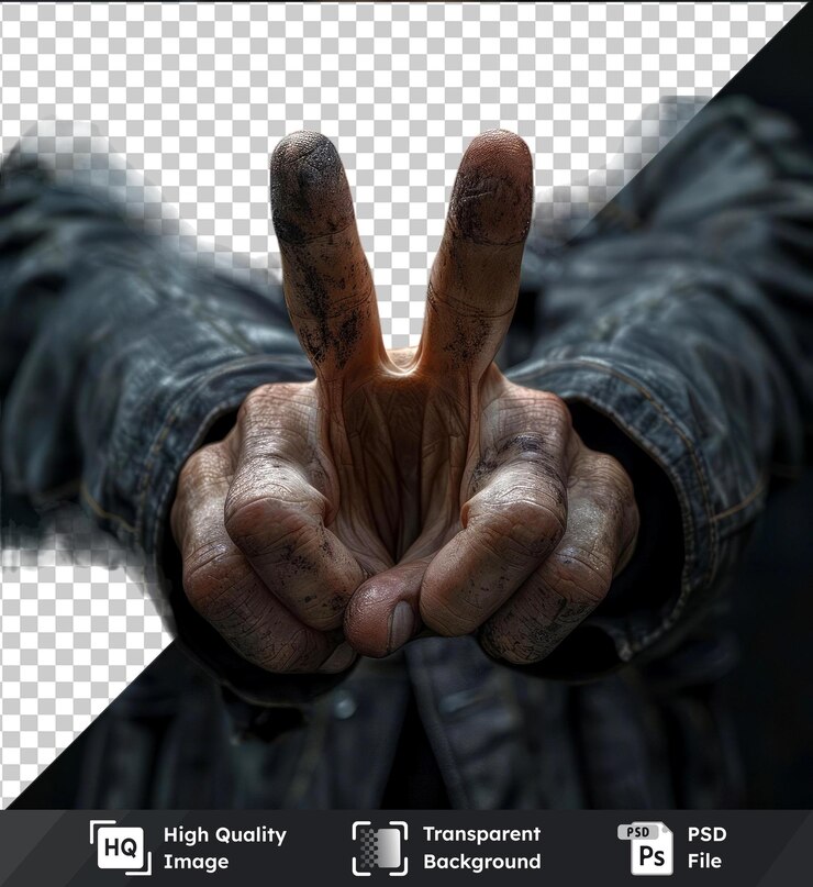 PSD fundo transparente mão de homem com dedos em forma de v mockup