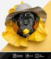 PSD fundo transparente mastiff cachorro vestindo chapéu de verão come sorvete e olha através de um buraco em papel amarelo