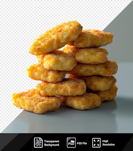 PSD fundo transparente mockup de nuggets de frango em um fundo transparente contra uma parede cinza e branca com uma sombra branca em primeiro plano