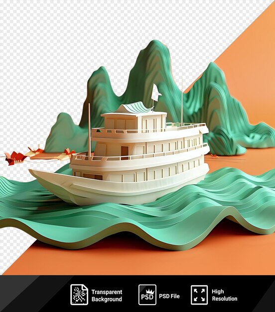 PSD fundo transparente modelo 3d do barco da baía de ha long com um barco branco com uma bandeira vermelha colocada contra uma parede laranja