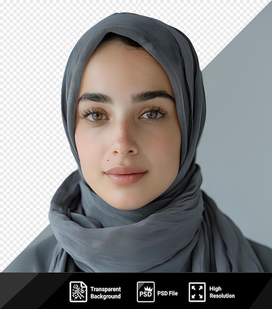 Fundo transparente mulher muçulmana de hijab parecendo determinada e confiante usando um lenço cinza com olhos castanhos sobrancelhas e um nariz png psd
