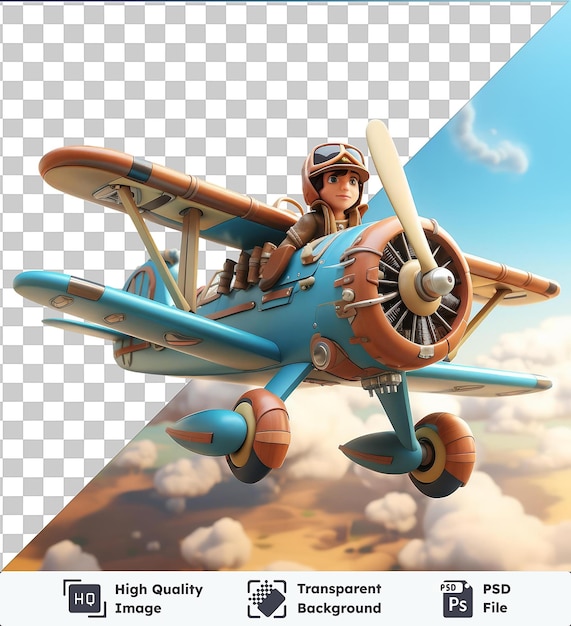 Fundo transparente psd 3d desenho animado piloto voando um biplano vintage