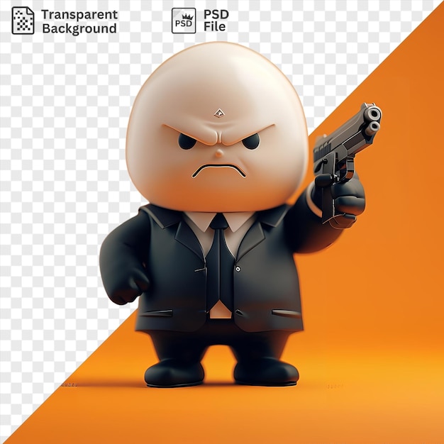 PSD fundo transparente psd 3d hitman desenho animado preparando-se para um golpe com uma arma vestindo uma gravata preta e segurando um brinquedo com a boca fechada e um braço preto visível em primeiro plano