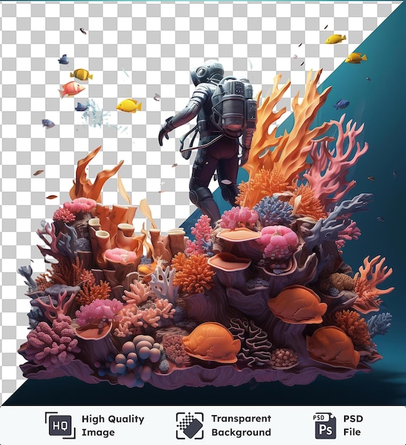 PSD fundo transparente psd 3d mergulhador desenho animado explorando recifes de coral vibrantes uma escola colorida de peixes nadar entre os corais vibrantes