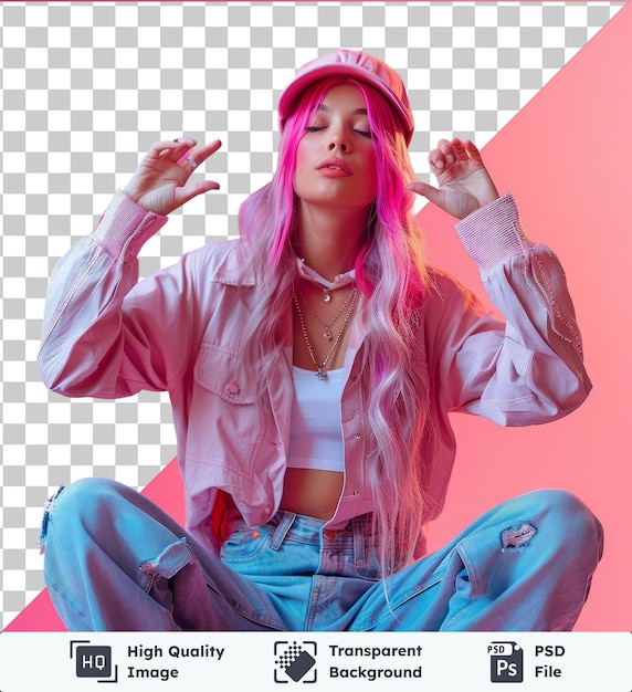 Fundo transparente psd corpo inteiro jovem mulher de vinte anos com cabelos rosados coloridos brilhantes em camisa rosa chapéu fazendo dab dança hip hop mãos mover gesto pessoas estilo de vida fa