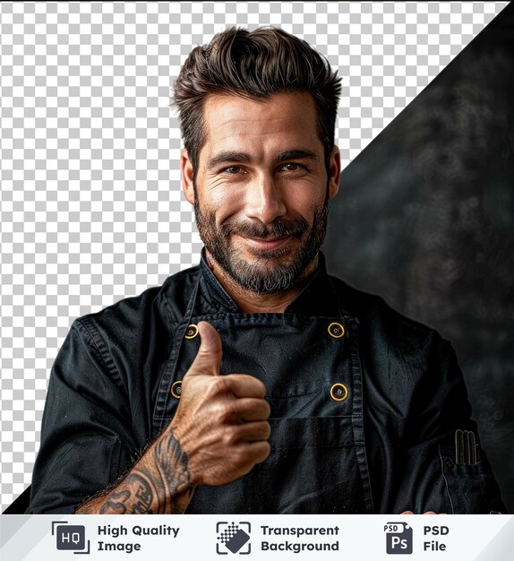 PSD fundo transparente psd de chef homem com tatuagem preta cabelo castanho camisa preta nariz grande castanho