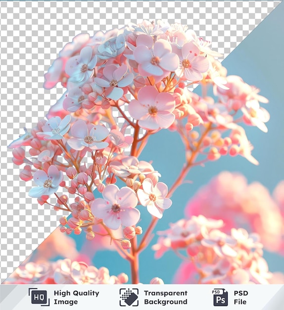 Fundo transparente psd flor de yarrow com flores rosas e brancas contra um céu azul