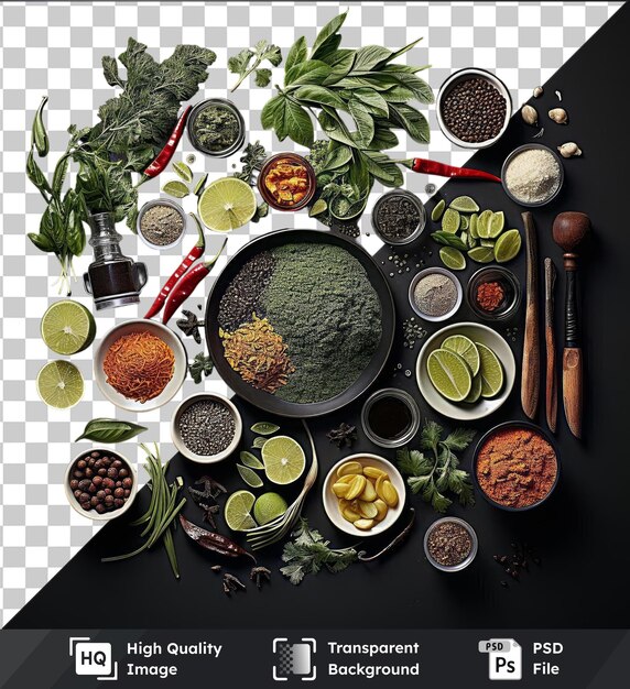 Fundo transparente psd gourmet ingredientes de culinária tailandesa colocados em uma mesa preta