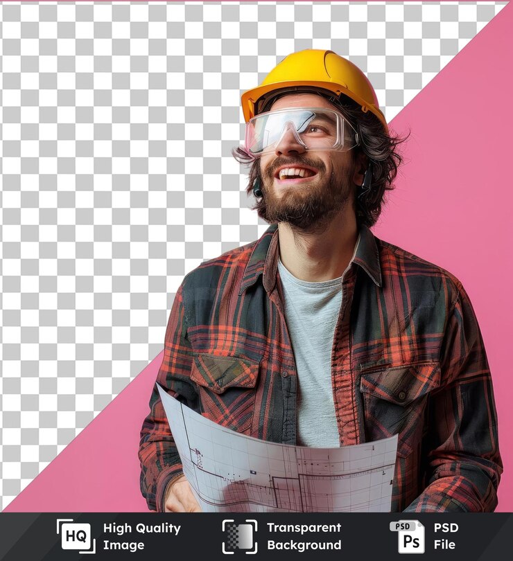 PSD fundo transparente psd jovem arquiteto homem com capacete e segurando planos tendo uma dor no coração