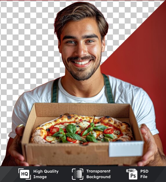 PSD fundo transparente psd jovem bonito segurando caixa com pizza fresca nele