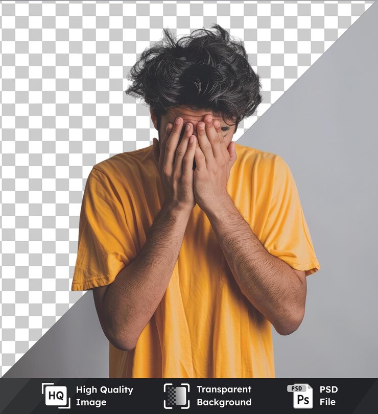 PSD fundo transparente psd jovem homem bonito vestindo camiseta casual amarela de pé com expressão triste cobrindo o rosto com as mãos enquanto chora conceito de depressão