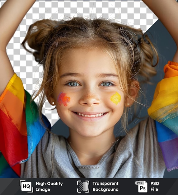 Fundo transparente psd menina sorridente com bochecha pintada levantando os braços com bandeira multicolorida no fundo