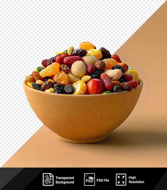 Fundo transparente psd misturar frutas secas em uma tigela na mesa png psd