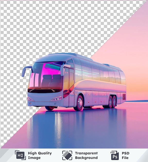 PSD fundo transparente psd ônibus de passageiros branco estacionado na praia sob um céu rosa com uma porta fechada em primeiro plano