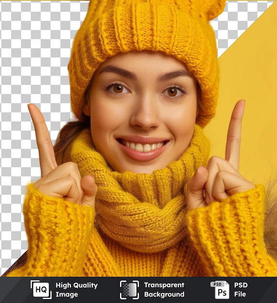 PSD fundo transparente psd retrato de elegante mulher sorridente com lenço e chapéu amarelo de inverno aponta os dedos para cima no conceito de publicidade de espaço de cópia