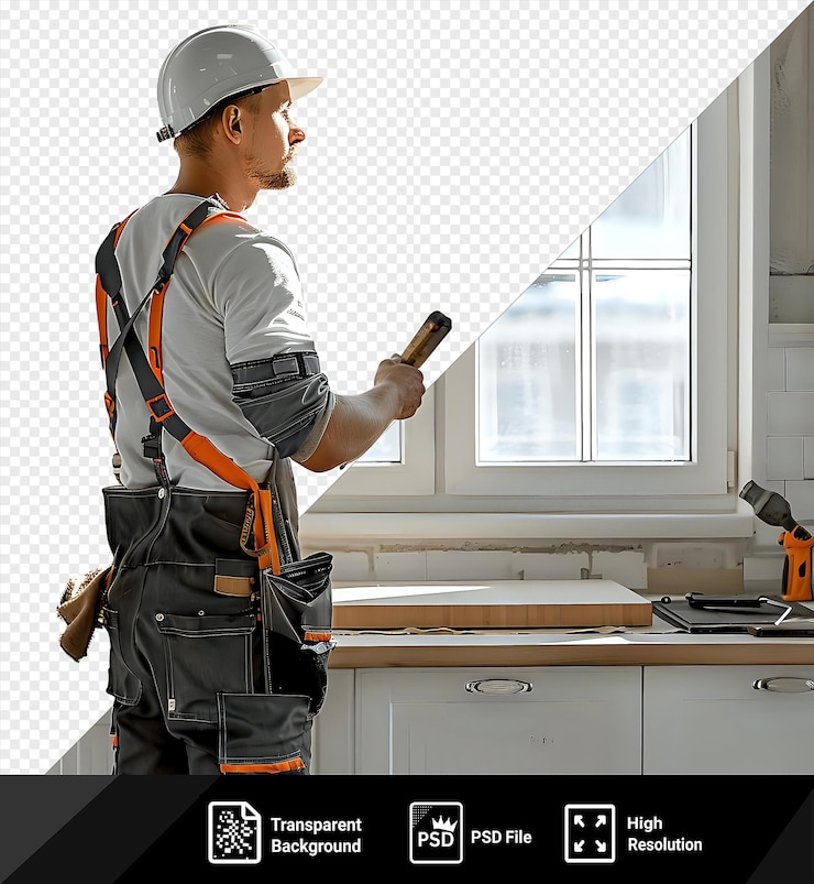 PSD fundo transparente reparador habilidoso preparando-se para consertar uma janela de cozinha em uma cozinha branca com uma bancada marrom pia branca e torneira de prata ele usa uma camisa laranja e cinza preto png